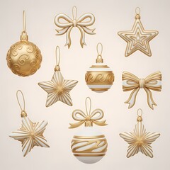 Elegant collection of 3D rendered gold and white Christmas ornaments, featuring festive stars, baubles, and bows for holiday decoration