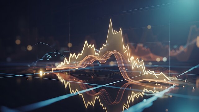 Futuristic digital stock market chart with glowing data lines and reflections