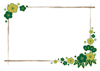 松竹梅と筆タッチラインの和風四角フレーム/緑・金