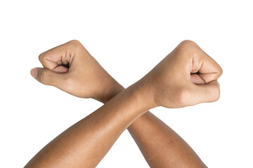 male hands forming cross or letter x gesture with close palms isolated on white background. transparent png