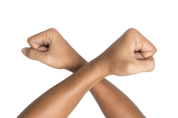male hands forming cross or letter x gesture with close palms isolated on white background. transparent png