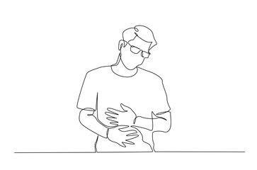 Man hold his belly in continuous one line drawing. Single line art illustration of man having a stomach ache. Editable vector.