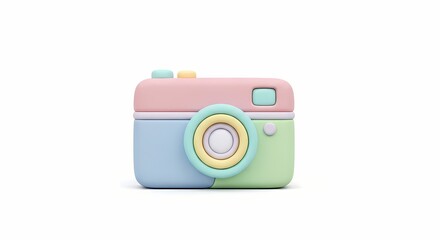 Charming 3D toy camera in soft pastel colors, a minimalist icon representing photography, creativity, and nostalgic hobbies