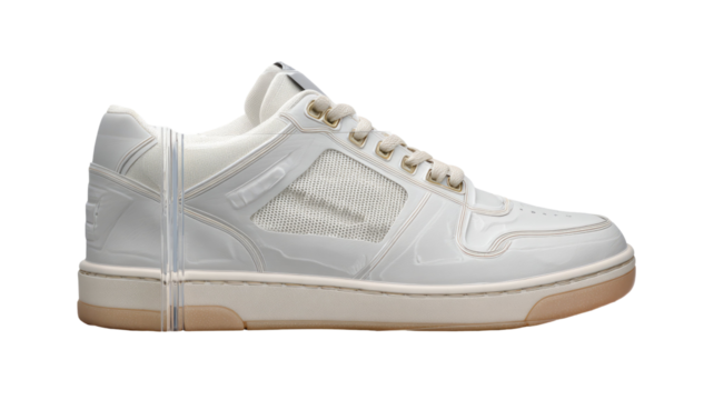 Clean white sneakers placed neatly inside a transparent shoe box showcasing modern storage presentation on white background
