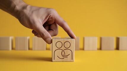 Hand selecting wooden block symbolizing human connection and empathy on a vibrant yellow background