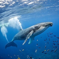 Fototapeta premium Dolphin swimming in the blue ocean water