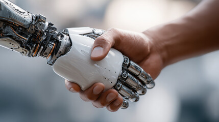 Handshake of Innovation: A close-up shot of a human hand and robotic hand clasping, symbolizing the convergence of technology and human connection, fostering collaboration and futuristic progress.