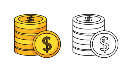 Two stacks of golden coins one colored and one outlined in black