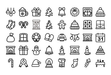 Colorful flat Christmas and New Year icon set featuring festive holiday elements such as gifts, Santa hat, Christmas tree, candy cane, fireplace, wreath, candle, mittens, snowman, and winter decoratio
