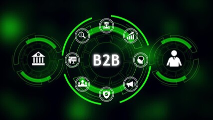 B2B business strategy strengthens corporate partnerships. Digital innovation drives enterprise growth. B2B business concept with glowing green circular interface and icons representing finance. - Powered by Adobe