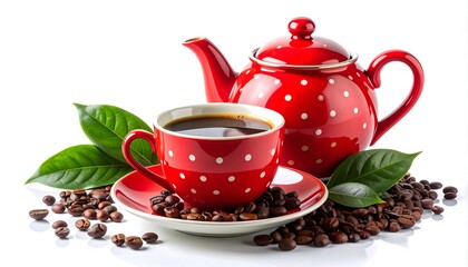 Classic coffee scene with red ceramic pot and cup high resolution photo