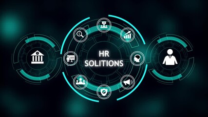 HR solutions streamline human resources management. Digital technology strengthens employee success. Digital hr solutions concept with icons for finance people growth brain and security.