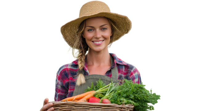 A smiling woman holding a basket filled with fresh vegetables showing healthy natural produce clearly displayed on white background