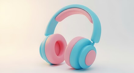 A stylish pair of 3D rendered headphones in pastel pink and blue, isolated on a soft white background for audio and music concepts