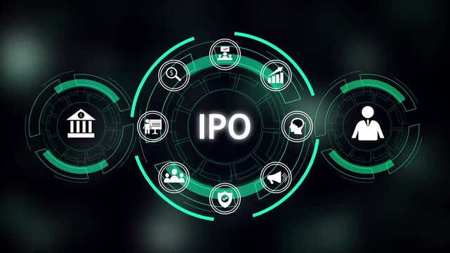 IPO offering opens new paths to raise capital. Strategic innovation drives market growth and success. Initial public offering concept with financial icons and data analysis on dark background.
