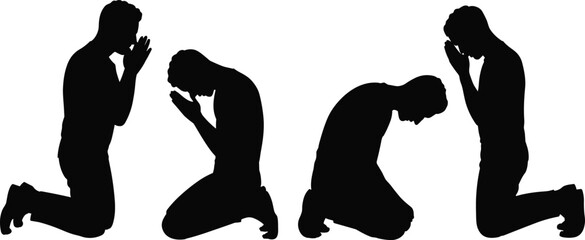Kneeling man praying silhouette set, worship and meditation poses, humility and faith concept, spiritual devotion gesture collection vector illustration for SEO.