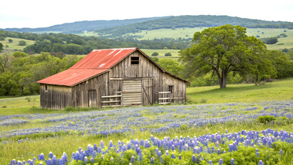 Rustic wooden barn with red roof in bluebonnet field and lush green countryside