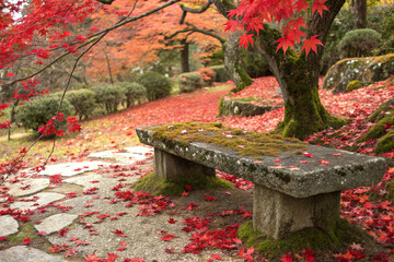 Rustic stone bench surrounded by vibrant crimson autumn leaves