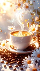 Classic morning brew with floral charm and soft sunlight high resolution image