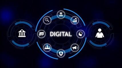 Digital technology powers modern network innovation. Strategy strengthens global business growth. Digital transformation abstract concept with interconnected icons representing finance analytics. - Powered by Adobe