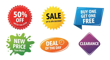 Set of sale stickers and badges promotional elements retail marketing isolated on white background