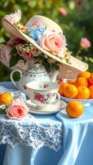 Classic floral teapot and cup arranged with lace details high resolution photo