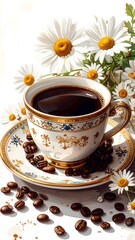 Classic porcelain cup of black coffee with daisies high resolution photo