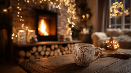 Cozy vibes with coffee and a fireplace, perfect for holiday relaxation, winter warmth, and intimate moments, ideal for seasonal promotions and lifestyle content