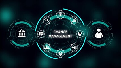 Futuristic digital interface management concepts with icons for finance growth. Change management empowers strategic business transformation. Innovative leadership drives sustainable growth. - Powered by Adobe