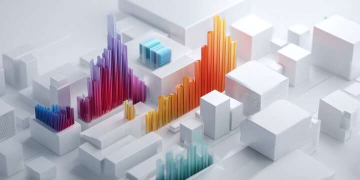 An abstract futuristic cityscape featuring geometric white buildings interspersed with vibrant, multi-colored bar graphs representing data and growth. The scene is illuminated with soft, clean light.