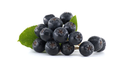 Fresh Aronia Berries With Green Leaves on White Background