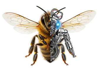 Half Cyborg Bee, Robotic Insect Hybrid, Mechanical Honeybee, Nature Technology Blend, Futuristic Animal, Science Integration, Digital Bee Isolated on transparent background, png