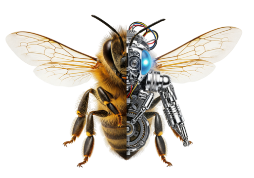 Half Cyborg Bee, Robotic Insect Hybrid, Mechanical Honeybee, Nature Technology Blend, Futuristic Animal, Science Integration, Digital Bee Isolated on transparent background, png