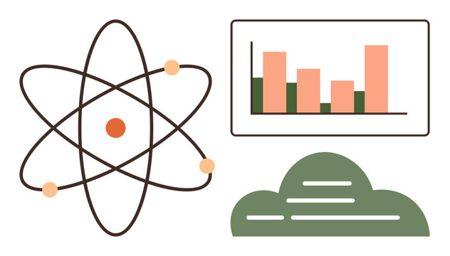 Atomic model alongside a bar chart and cloud, combining themes of science, data analysis, and technology. Ideal for education, innovation, research, cloud computing, analytics progress simple flat
