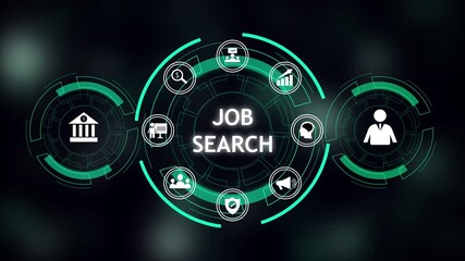 Futuristic digital interface displays job search icons and text with glowing green accents. Job search opens new career opportunities. Smart recruitment strategy strengthens professional success - Powered by Adobe