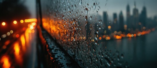 Rain-streaked window view of a city skyline at dusk with blurred lights