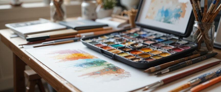 Creative watercolor painting session at home art studio artistic tools cozy environment close-up view