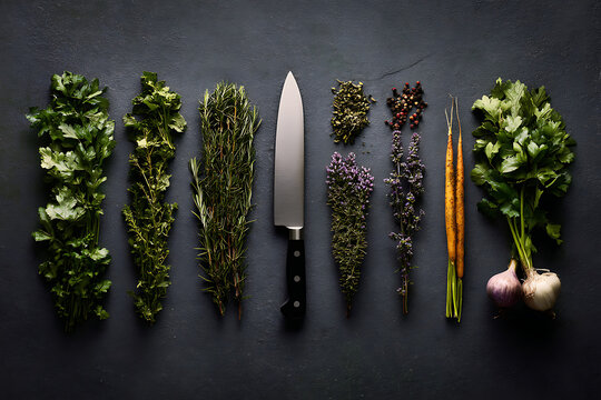 A culinary arrangement of fresh herbs and spices with a chef s knife and garlic bulbs on a dark textured background overhead view