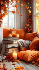 Comfortable reading space with orange pillows and autumn decor high resolution image