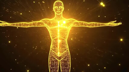 Glowing wireframe human figure with arms outstretched against a dark background. - Powered by Adobe
