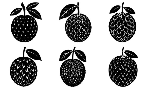 Six black and white cherimoya fruit illustrations with leaves in varying patterns and orientations