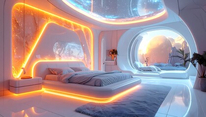 Contemporary bedroom interior featuring illuminated accents and sleek furniture high resolution image