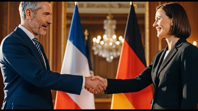 handshake between diplomats with French and German flags in the background