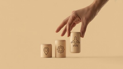 Planning the Trip Wooden Blocks, Hand, Airplane, Gear, Location Icon