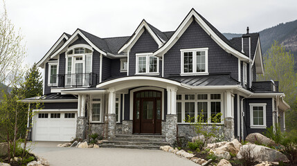 Luxury house in the garden with beautiful landscaped backyard.This modern blue house features elegant white trim and an expansive front porch, showcasing classic design elements and contemporary appea