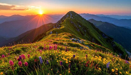 A vibrant sunset casts golden rays over a lush, flower-filled mountain ridge, with rolling hills and peaks in the distance