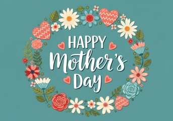 Happy mothers day greeting card with floral wreath and heart decoration