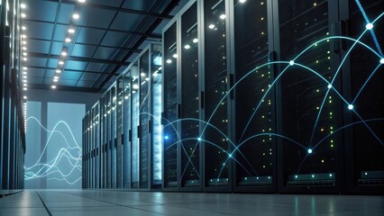 A modern data center featuring rows of servers with digital data streams visually represented in the foreground.