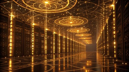 A futuristic server room illuminated by golden lights and intricate patterns, creating a visually stunning and high-tech atmosphere.