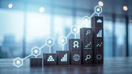 A visual representation of business growth, featuring wooden blocks with various icons, illustrating data analysis and progress in a modern office setting.
